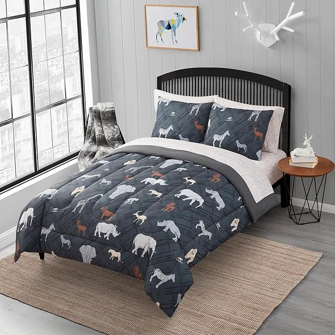 Outstanding Kids Bedding Set Bed in a Bag for Boys and Girls Toddlers Printed Sheet Set and Comforter Full Safari Casual