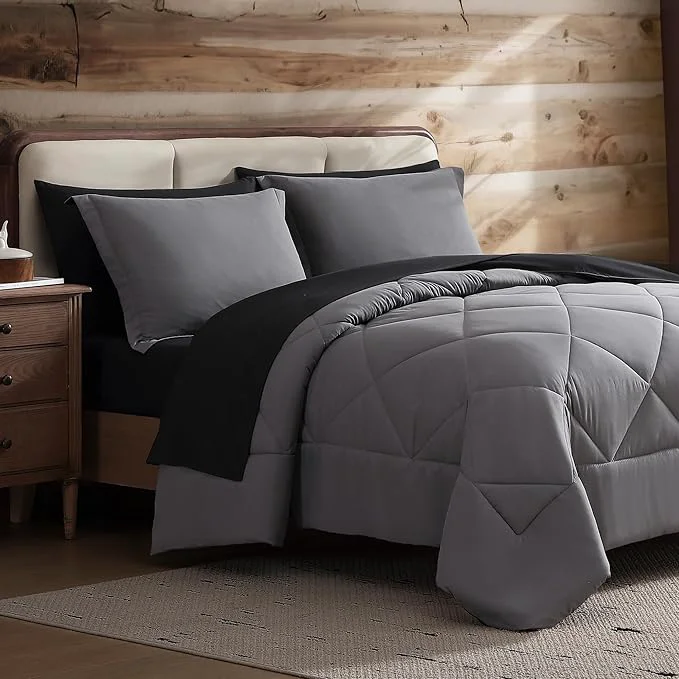 Breathable Coleman Twin Comforter Set Reversible Bed-in-a-Bag– Double-Sided Color Options All-Season Comforter Shams Sheets – for Home Cabin or Camp Use Black Gray Professional