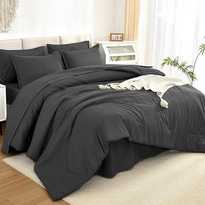 Smooth Litanika Comforter Full Size Set Dark Grey – 7 Pieces Bed in a Bag Full Bedding Comforter Sets Plain Lightweight Bed Set with Comforter Sheets Pillowcases amp Shams Eco-Friendly