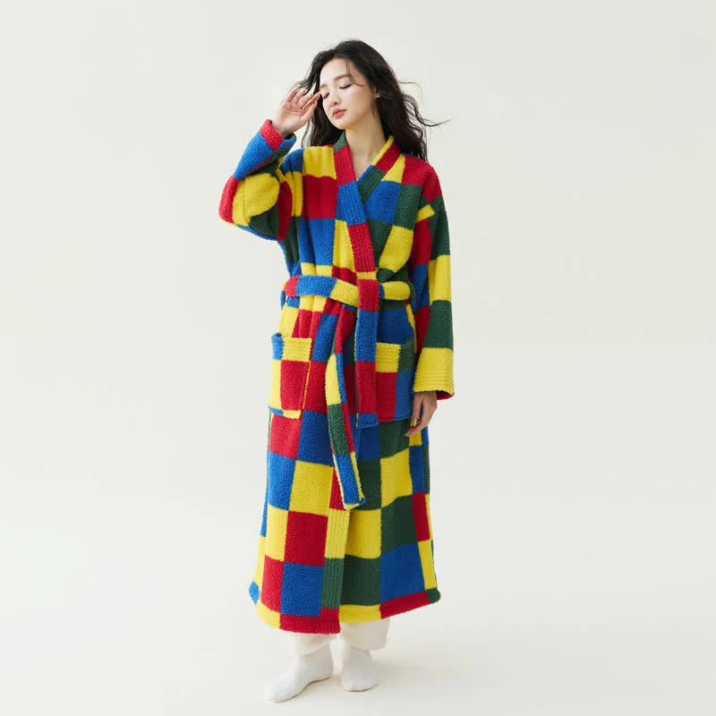 Premium Material Ownkoti Colorful Plaid Plush Warm Long Robe Healthy