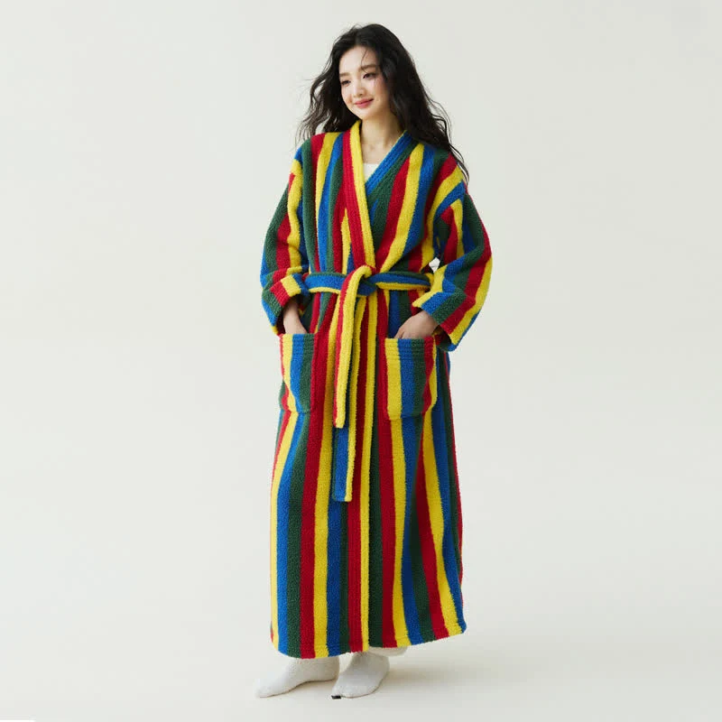 Traditional Ownkoti Contrast Stripe Plush Warm Robe Luxury