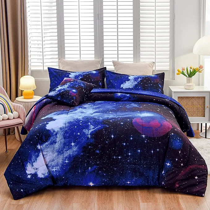 Original Design A Nice Night Galaxy 6Pcs Bedding Sets Outer Space Comforter Bed in a Bag 3D Printed Quilt for Children Boy Girl Teen Kids Twin 6Pcs Trendy