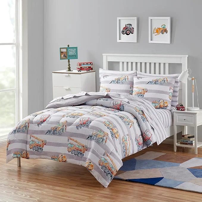 Safe Kids Bedding Set Bed in a Bag for Boys and Girls Toddlers Printed Sheet Set and Comforter Twin Trucks Traditional