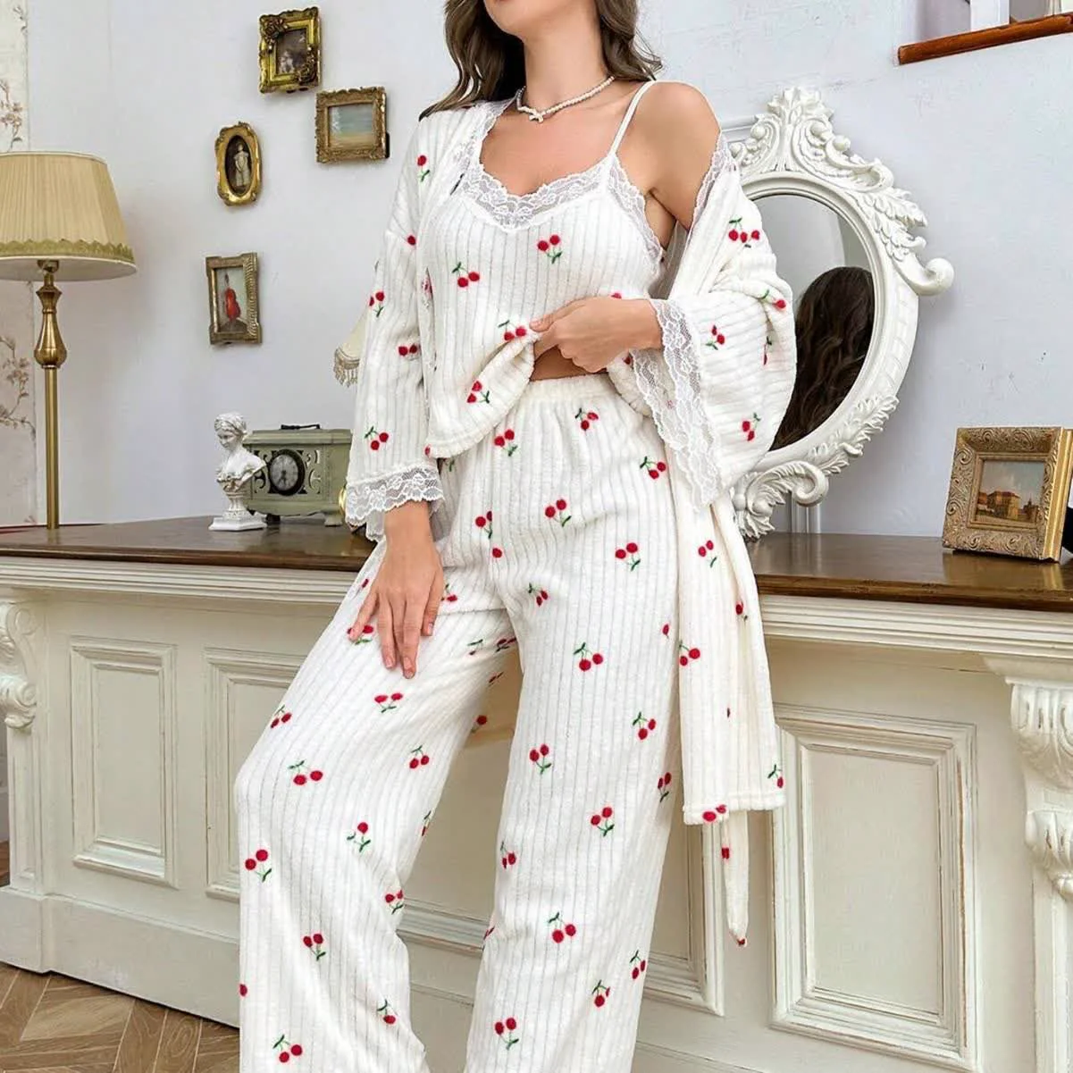 Professional Ownkoti Cherry Print Lace Trim Pajama Set 3PCS Enhanced