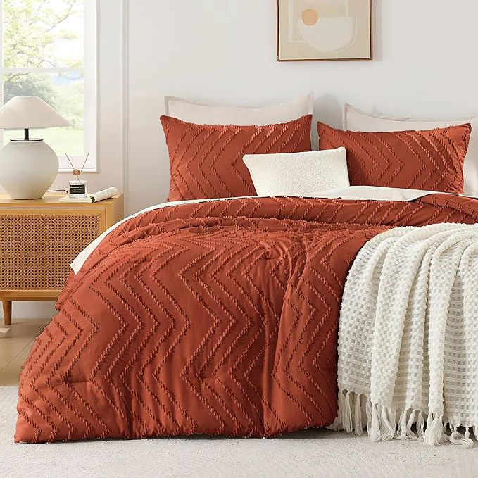 Smooth Andency Burnt Orange Comforter for Queen Size Bed Boho Terracotta Soft Warm Bedding Comforter Sets for Queen Bed 3 Pieces Rust Chevron Tufted Aesthetic Microfiber Lightweight Comforter Set User-Friendly