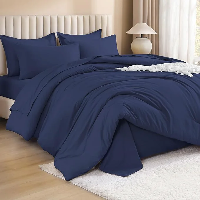 Authentic Litanika Super King Plus Comforter Sets Navy Blue – 7 Pieces Bed in a Bag Beddding Sets Solid Lightweight Bed Set with Comforter Sheets Pillowcases amp Shams Functional