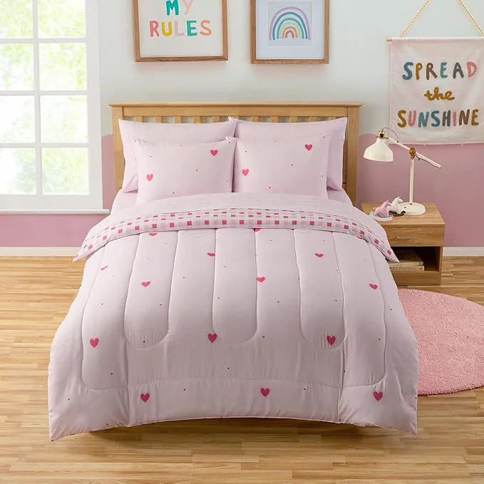 Certified Heart Comforter Set Full Size for Girls – Soft Pink Bed in a Bag with Sheets Pillowcases amp Shams – Cute Kids Bedding with Love Hearts Design – Cozy Microfiber for Child or Tween Bedroom Decor Expertly Made
