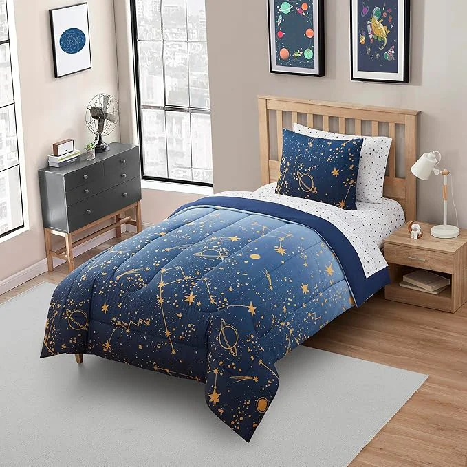 Fine Kids Bedding Set Bed in a Bag for Boys and Girls Toddlers Printed Sheet Set and Comforter Twin Galaxy Environmentally Friendly