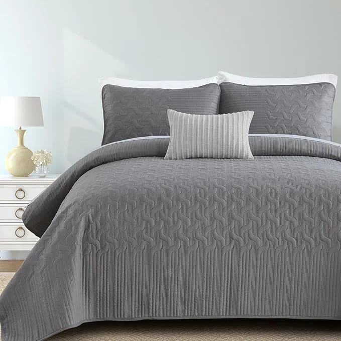 Advanced Yiran Grey Quilt Set King Size Lightweight Bedspread Ultrasonic Wave Pattern Soft Microfiber Coverlet for All Season Modern Style 3 Piece Bed Cover Sets with 2 Pillow Shams 106 quot x96 quot Consistent
