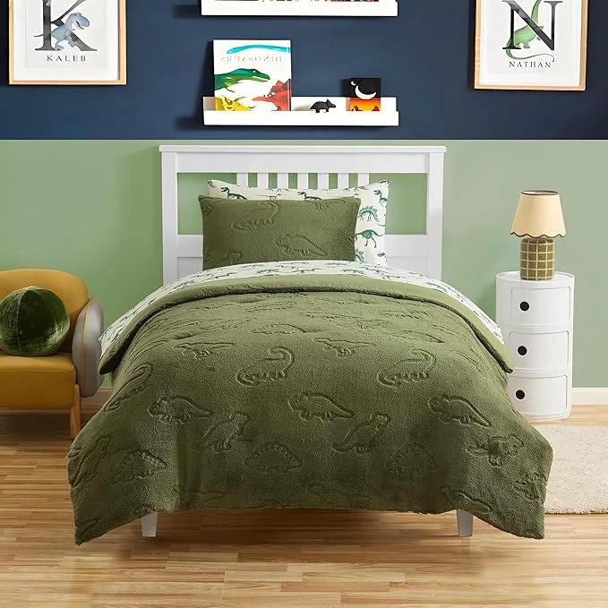Natural Twin Size Kids Comforter Set – Dinosaur Embossed Bedding Set Bed in a Bag for Boys and Girls Toddlers Sheet Set and Comforter Dinosaur Embossed Fine Crafted