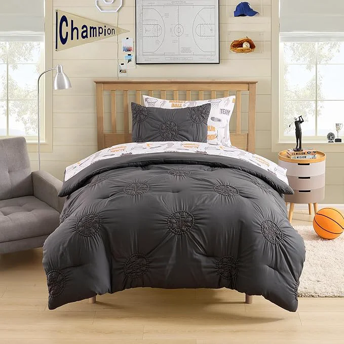 Specialty Basketball Pintuck Comforter Set Twin Size – Bed in a Bag with Sheets Pillowcases amp Shams – Soft Stylish Sports Bedding – All Season Boy s Basketball Bed Set Safe