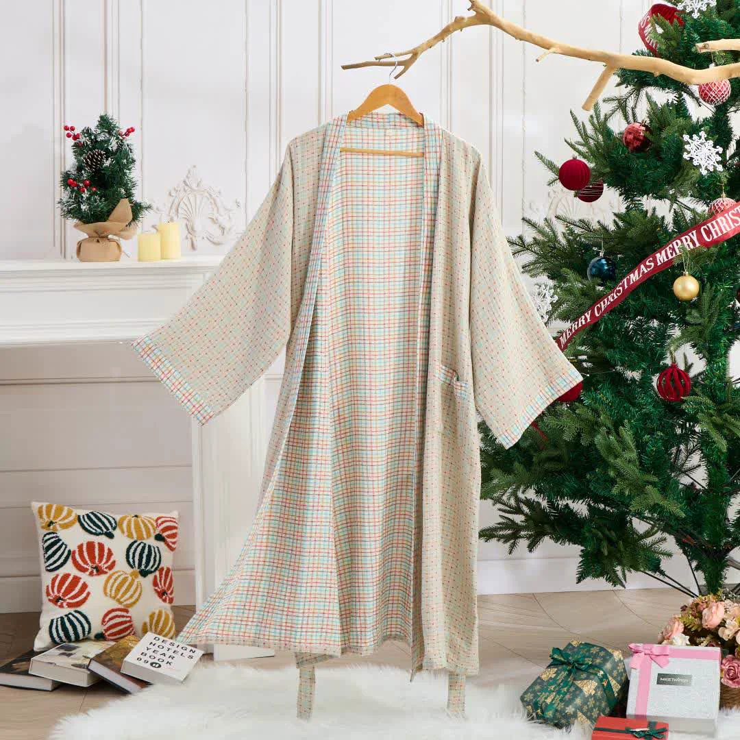 Environmentally Friendly Ownkoti Colorful Gingham Cotton Gauze Kimono Robe Practical