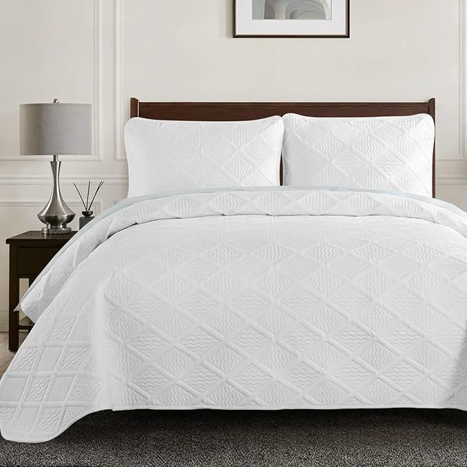 Optimized Yiran White Quilt Set King Size Fall Bedspreads Embossed Diamond Pattern 3 Piece Soft Microfiber Coverlet for All Season with 2 Pillow Shams King 106×96 Inch Verified