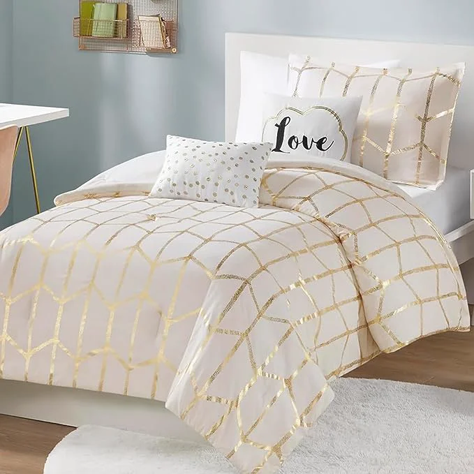 Crafted Intelligent Design Raina Twin Twin XL Comforter Set Soft Microfiber Comforter Set Twin Modern Geometric Metallic Bed Set 4 Pieces College Bedding Comforter Set with 1 Sham 2 Toss Pillows Ivory Pure