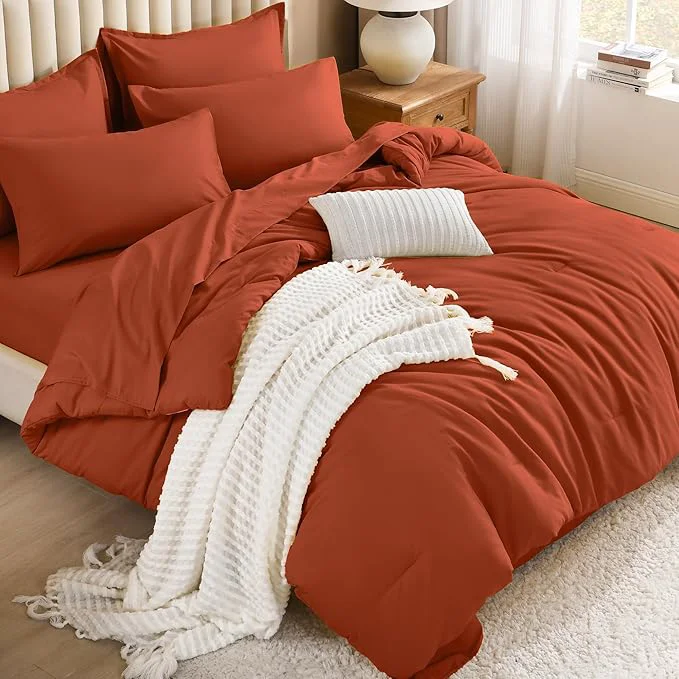 Flexible Litanika Burnt Orange Comforter California King Size Set – 7 Pieces Terracotta Bed in a Bag California King Bedding Comforter Sets Plain Lightweight Bed Set Eco-Friendly