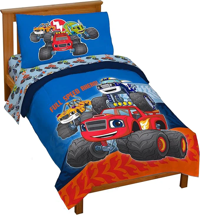 Recyclable Jay Franco Kids Comforter Set Includes Sheets and Pillow Covers – Soft and Cozy Bed Set for Stylish Room Decor Blue – Blaze and The Monster Machines 4 Piece Toddler Size Bedding User-Friendly