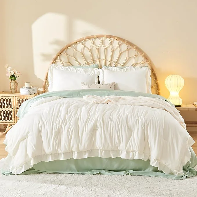 Functional Litanika Twin Comforter Set Ivory 2 Pieces Beige Ruffle Farmhouse Aesthetic Bedding Comforter Set Lightweight Fluffy Microfiber Bed Set 66x90In Comforter 1 Pillowcase Trendy