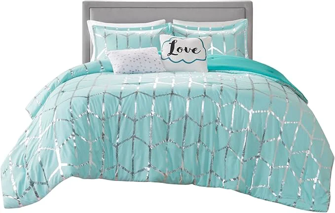 Outstanding Intelligent Design Raina King Cal King Comforter Set Soft Microfiber Comforter Set King Modern Geometric Metallic Bed Set 5 Pieces College Bedding Comforter Set with 2 Shams 2 Toss Pillows Aqua Selected