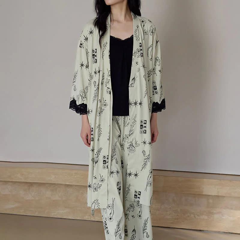High-Grade Ownkoti Black Floral Leaf Robe Pajama Set 3PCS Effective