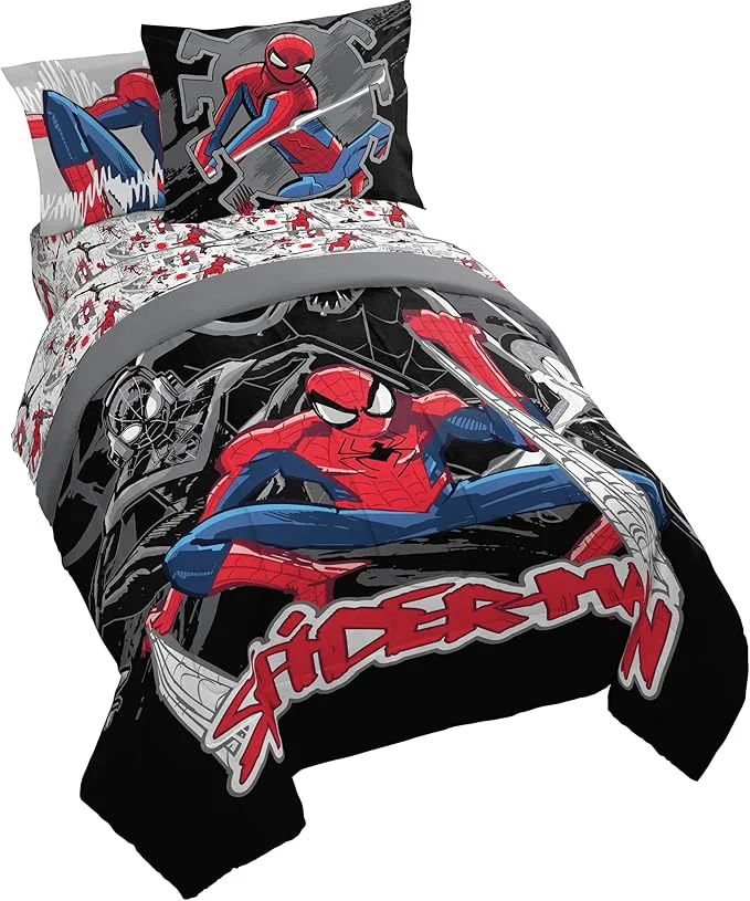 Advanced Jay Franco Kids Comforter Set Includes Sheets and Pillow Covers – Soft and Cozy Bed Set for Stylish Room Decor Black – Spiderman 5 Piece Twin Bedding Innovative