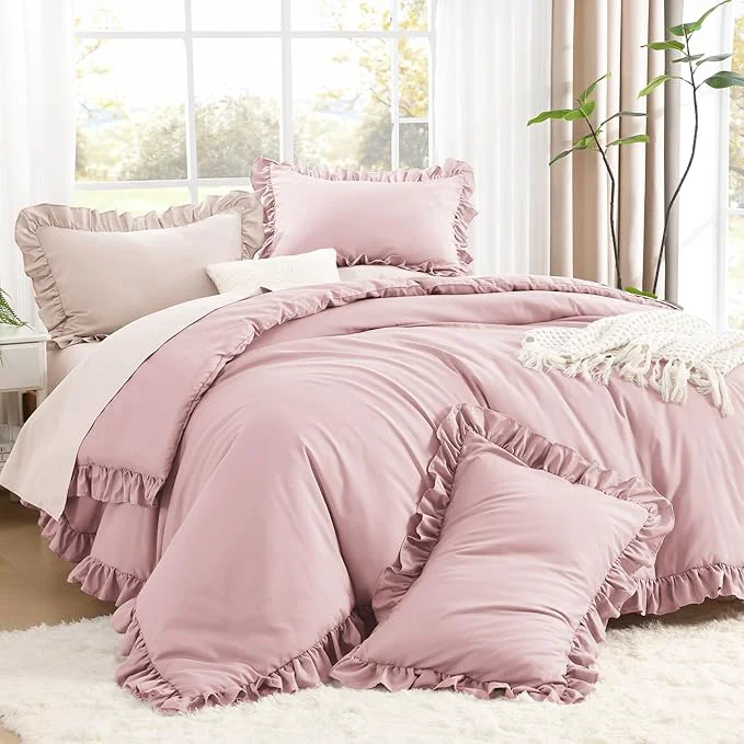 User-Friendly Litanika Grayish Pink King Size Comforter Set 3 Pieces Ruffle Farmhouse Aesthetic Bedding Comforter Set All Season Soft Lightweight Fluffy Microfiber Bed Set 104x90In Comforter 2 Pillowcases Fashionable