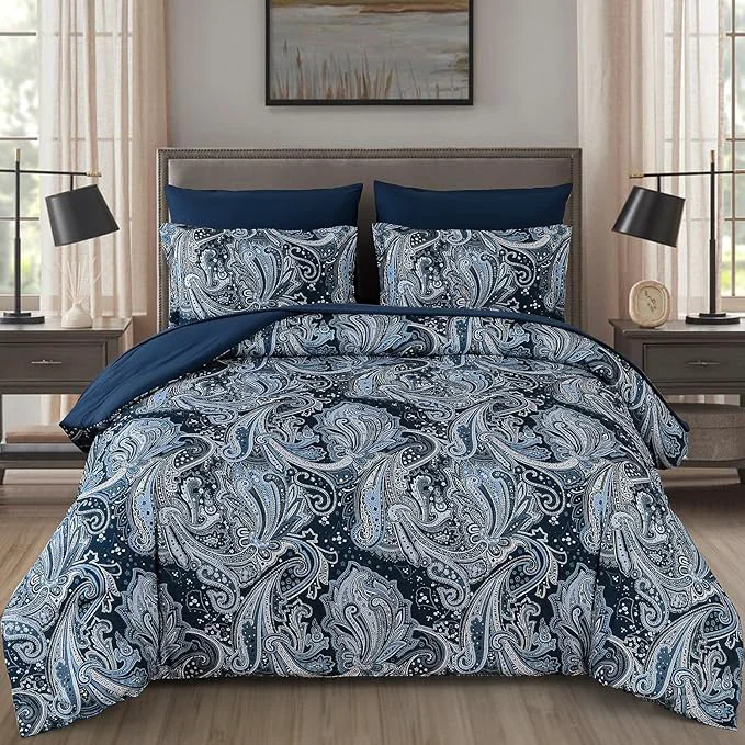 DJY Navy Paisley Comforter Set Queen Size 7 Piece Bed in a Bag Boho Paisley Pattern Comforter Set Soft Lightweight Microfiber Blue Reversible Bedding Set for All Season 90 39 39 x90 39 39 World-Class