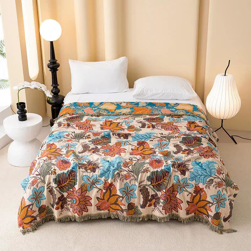 Convenient Ownkoti Tropical Leaf Floral Tassel Cotton Quilt Premium