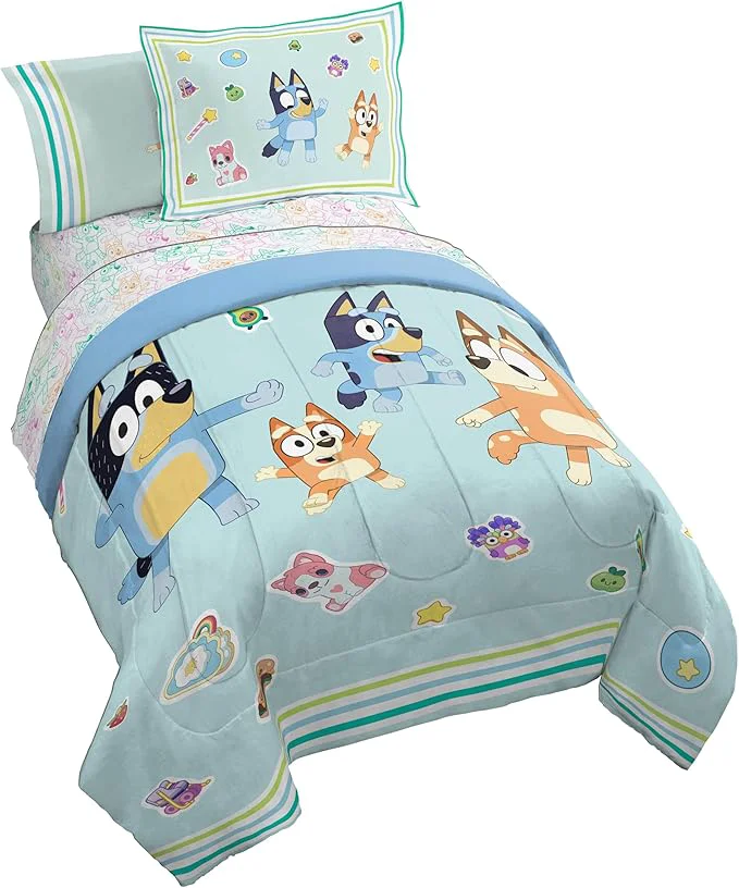Traditional Jay Franco Kids Comforter Set Includes Sheets and Pillow Covers – Soft and Cozy Bed Set for Stylish Room Decor Blue – Bluey 7 Piece Full Size Bedding Practical