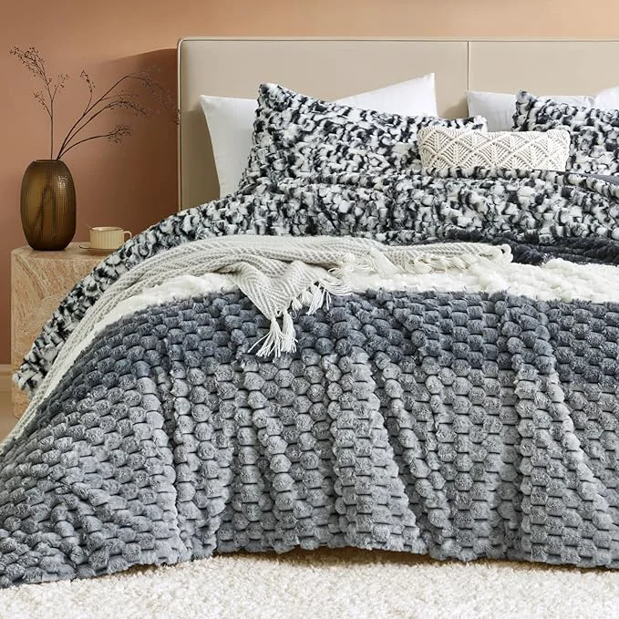 Practical Petrichor Fluffy King Comforter Set – Black and White Striped Faux Fur Blanket for King Bed Ultra-Soft Warm Bedding for Winter amp Fall Cozy 3 Piece Bed Set 1 Comforter amp 2 Pillowcases Smooth