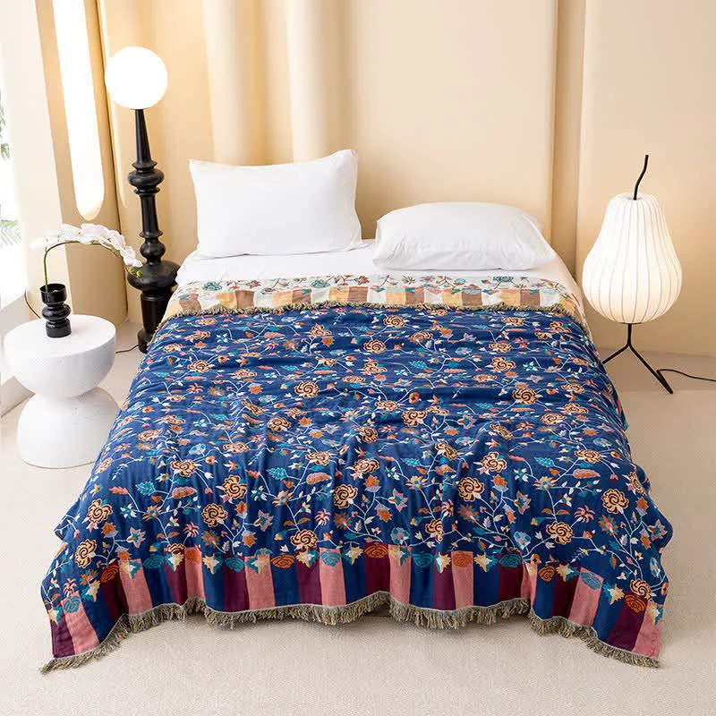 Contemporary Ownkoti Rustic Blue Floral Cotton Gauze Quilt Enhanced