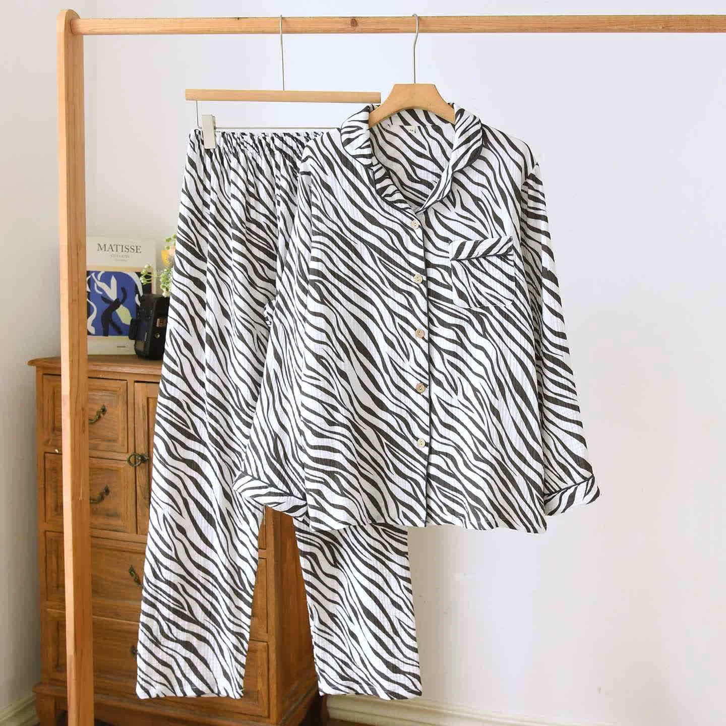 Casual Ownkoti Modern Zebra-striped Cotton Gauze Pajama Set Eco-Friendly