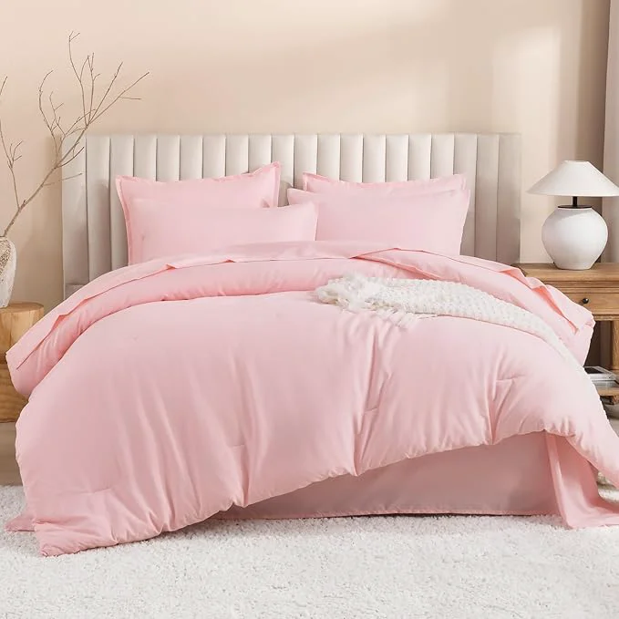 Smart Litanika Queen Comforter Set Pink – 7 Pieces Bed in a Bag Queen Bedding Comforter Sets Solid Lightweight Bed Set with Comforter Sheets Pillowcases amp Shams Fine
