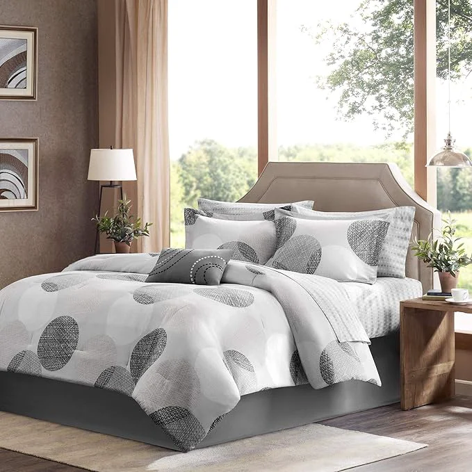 Unique Madison Park Essentials Bed in a Bag Comforter Vibrant Color Design All Season Down Cover with Complete Cotton Sheet Set Full 78 quot x86 quot Knowles Circular Grey 9 Piece Classic