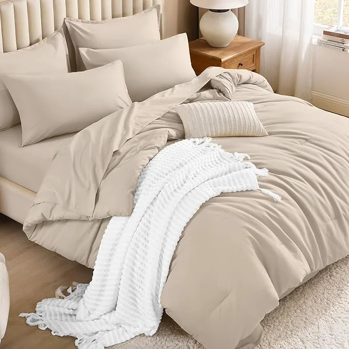 Top-Quality Litanika Comforter Queen Size Set Khaki – 7 Pieces Bed in a Bag Queen Bedding Comforter Sets Plain Lightweight Bed Set with Comforter Sheets Pillowcases amp Shams Exceptional