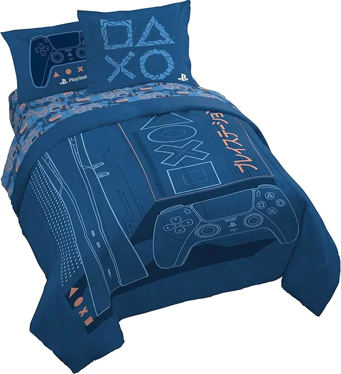 Outstanding Jay Franco Kids Comforter Set Includes Sheets and Pillow Covers – Soft and Cozy Bed Set for Stylish Room Decor Licensed Bedding Blue – PlayStation 7 Piece Queen Comfortable