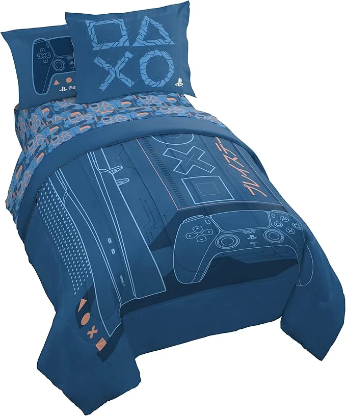 Authentic Jay Franco Kids Comforter Set Includes Sheets and Pillow Covers – Soft and Cozy Bed Set for Stylish Room Decor Licensed Bedding Blue – PlayStation 7 Piece Full Responsible
