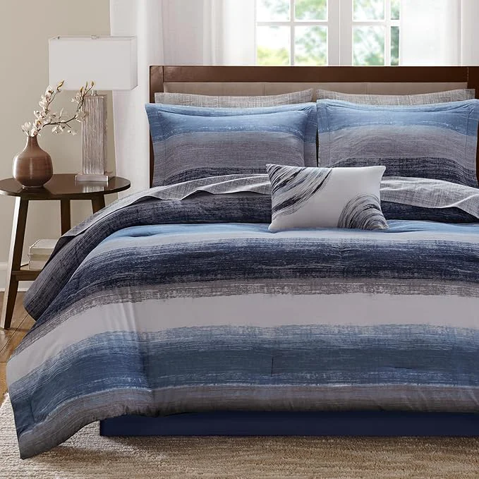 Trendy Madison Park Essentials Cal King Comforter Set Bed in a Bag Watercolor Print Coastal Comforter amp Chambray Cotton Sheet Set All Season Bedding Saben Navy Cal King 104 in x 92 in 9Piece Top-Quality