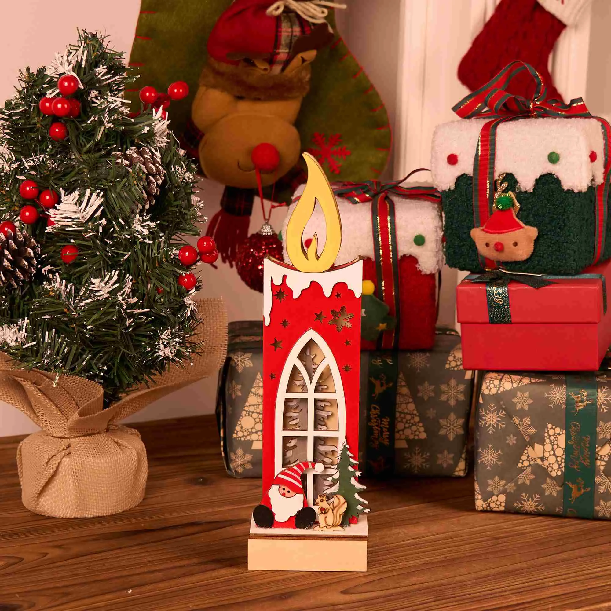 Traditional Ownkoti Christmas Wooden Candle Light-Up Decor Sustainable