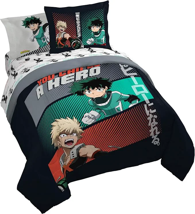 Top-Quality Jay Franco Kids Comforter Set Includes Sheets and Pillow Covers – Soft and Cozy Bed Set for Stylish Room Decor Black – My Hero Academia 7 Piece Queen Size Bedding Excellent