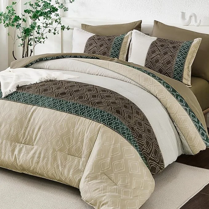 First-Class Dinjoy Khaki Brown King Size Comforter Set Striped Bed in a Bag King Boho 7 Pieces Soft Microfiber Fall Bedding Comforters Sets Bed Lightweight Taupe Complete Set for All Season Original Design