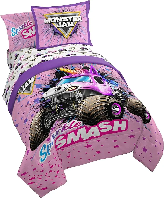 Reliable Jay Franco Kids Comforter Set Includes Sheets and Pillow Covers – Soft and Cozy Bed Set for Stylish Room Decor Pink – Monster Jam 7 Piece Full Bedding Unique