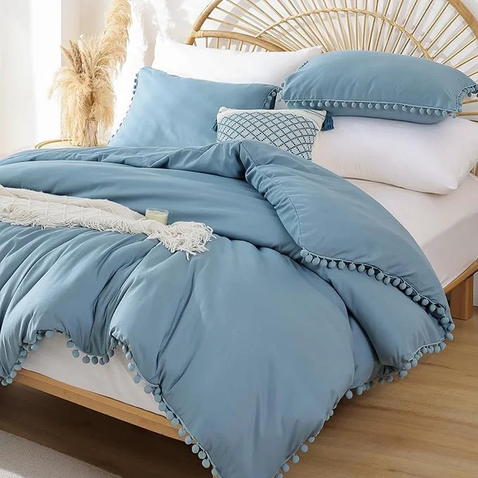Professional YIRDDEO Full Size Comforter Sets - Full Size Comforter with Ball Pom Fringe Soft Bedding Set for All Seasons - 3 Pieces 1 Comforter 79 quot x90 quot amp 2 Pillow Shams 20 quot x26 quot Dusty Blue Proven