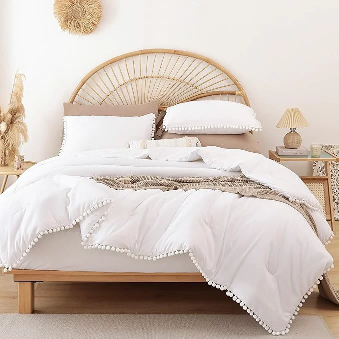 YIRDDEO Twin Comforter Set – Comforter Twin Size Bed with Ball Pom Fringe Soft Bedding Set for All Seasons – 2 Pieces 1 Comforter 66 quot x90 quot amp 1 Pillow Sham 20 quot x26 quot White Clean
