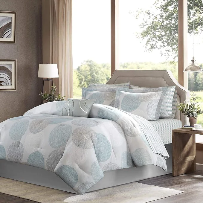 Reusable Madison Park Essentials Bed in a Bag Comforter Vibrant Color Design All Season Down Cover with Complete Cotton Sheet Set King 104 quot x92 quot Knowles Circular Aqua 9 Piece Natural