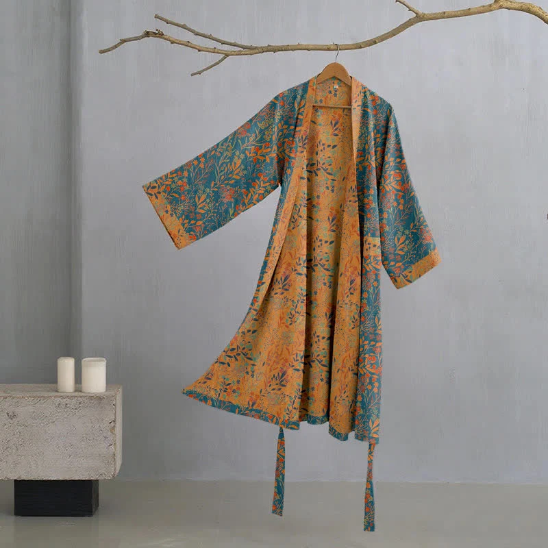 Crafted Ownkoti Vintage Leaf Cotton Gauze Kimono Robe Luxury