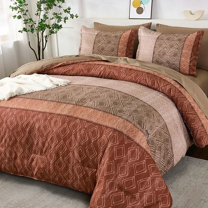 Carefully Designed Dinjoy Boho Queen Comforter Set Red Brown 7 Piece Bed in a Bag Queen Size Warm Striped Bedding Sets with Plaid Fall Comforters Bed Set with Sheets for Family All Season Traditional