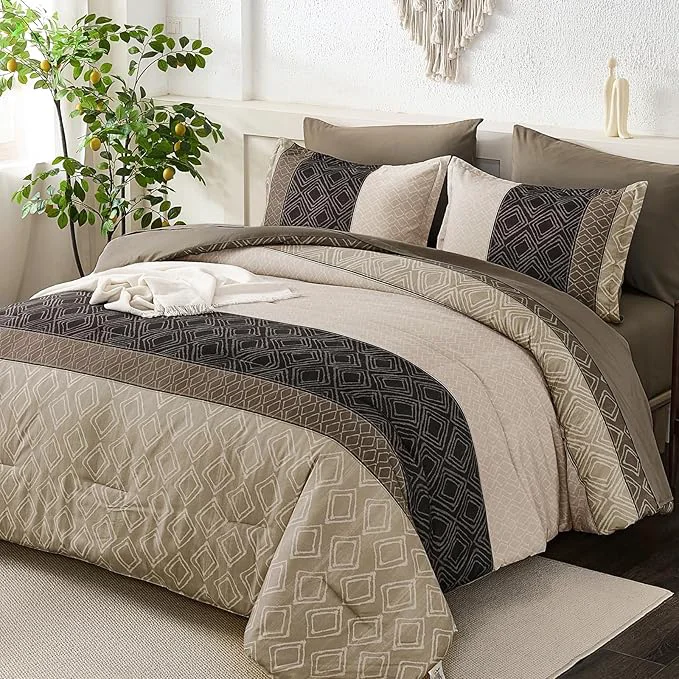 Quality Dinjoy Boho Queen Comforter Set Light Brown 7 Piece Bed in a Bag Queen Size Warm Striped Bedding Sets with Plaid Fall Comforters Bed Set with Sheets for Family All Season World-Class
