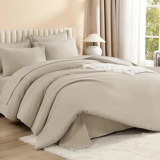 Smart Litanika Super King Comforter Set Oatmeal – 7 Pieces Bed in a Bag Oversized King Bedding Comforter Sets Solid Lightweight Bed Set with Comforter Sheets Pillowcases amp Shams Excellent