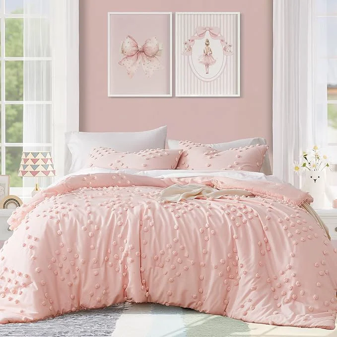 Authentic Geniospin Pink Full Comforter Set for Girls- 7 Pieces Pom Tufted Bed in A Bag Full Bedding Sets with Sheets Pillowcases amp Shams All Season Kids Comforter Set Original
