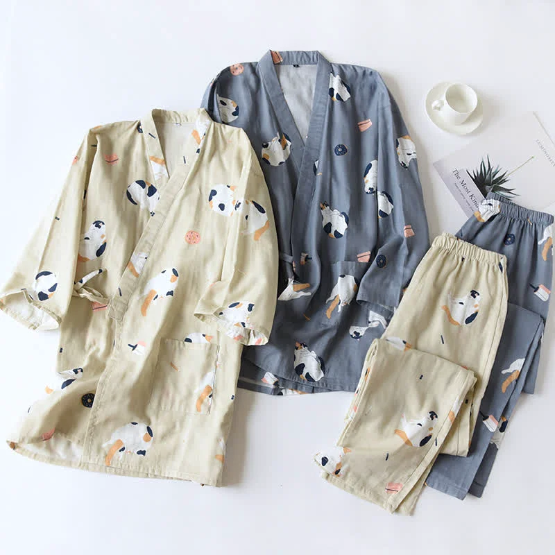 Comfortable Ownkoti Matching Cat Kimono Cotton Gauze Loungewear Optimized